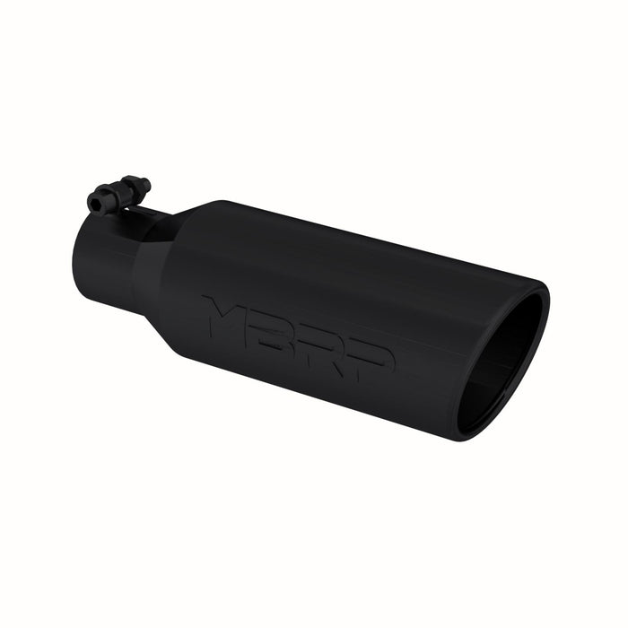 MBRP T5150BLK 4 Inch OD 2.5 Inch Inlet 12 Inch Length Exhaust Tail Pipe Tip Angled Cut Rolled End Clampless-No Weld Black Coated